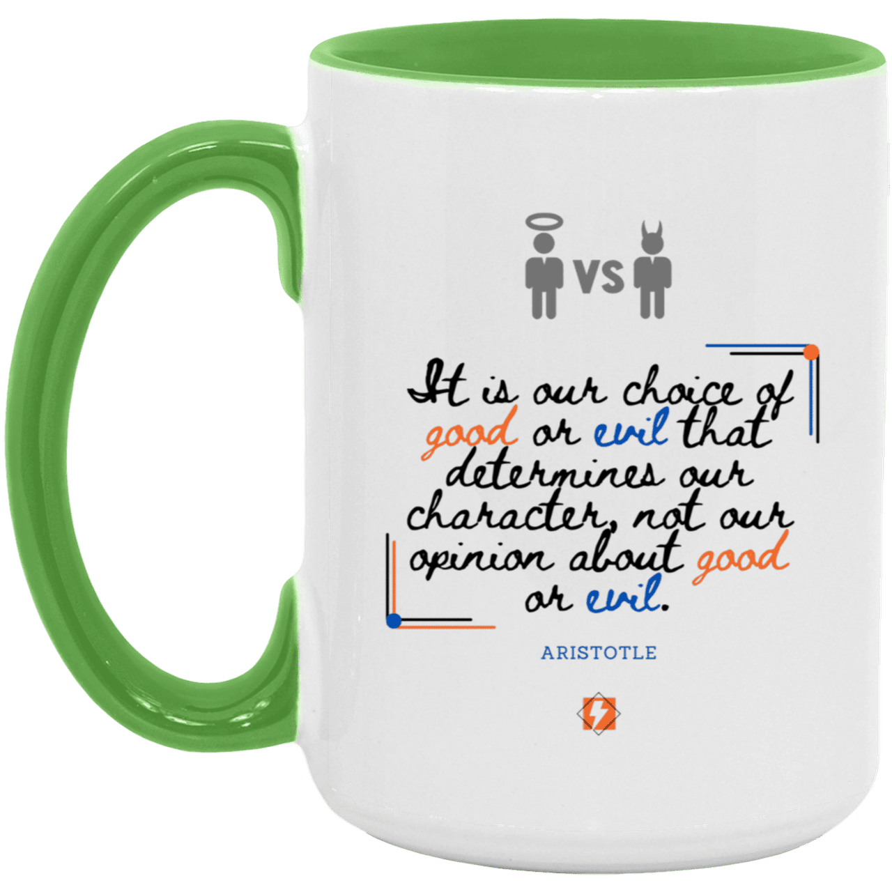 Ceramic Large Mug 15oz with inspiring Aristotle quote: A116 - Character is self-determined - Color: White/Light Green