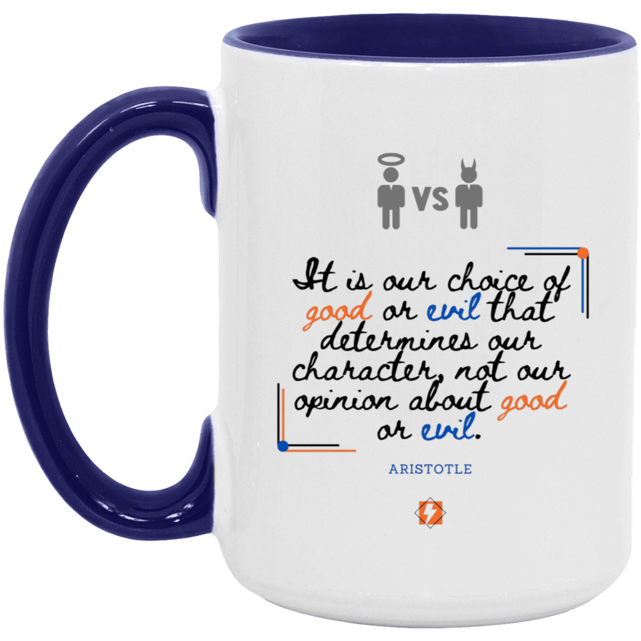 Ceramic Large Mug 15oz with inspiring Aristotle quote: A116 - Character is self-determined - Color: White/Midnight Blue