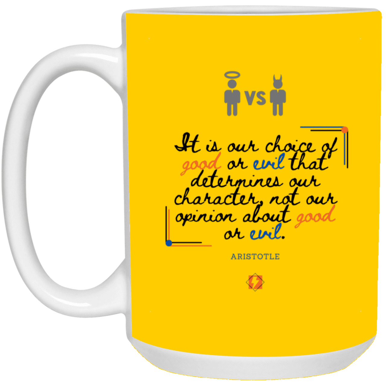 Ceramic Large Mug 15oz with inspiring Aristotle quote: A116 - Character is self-determined - Color: Athletic Gold