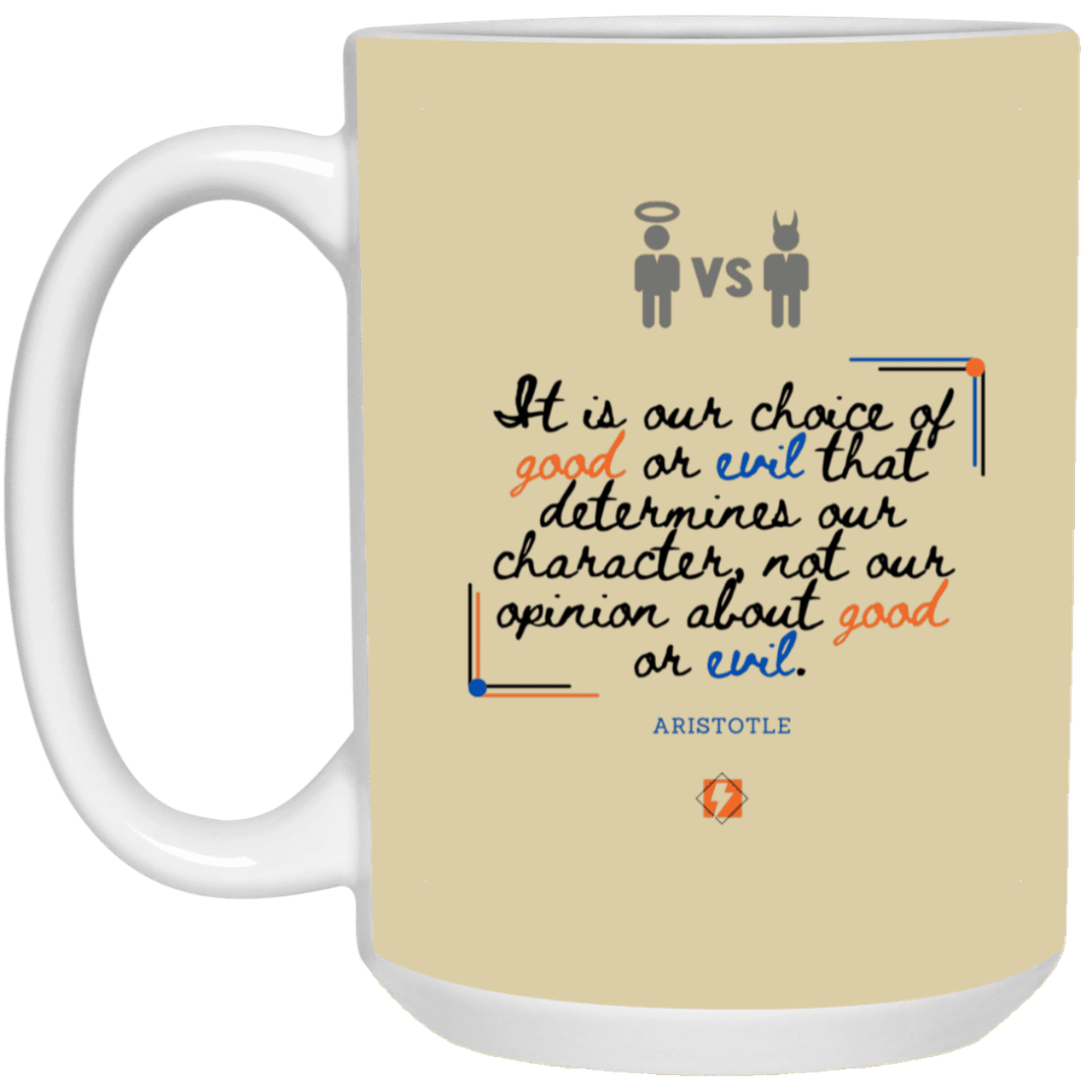 Ceramic Large Mug 15oz with inspiring Aristotle quote: A116 - Character is self-determined - Color: Tan