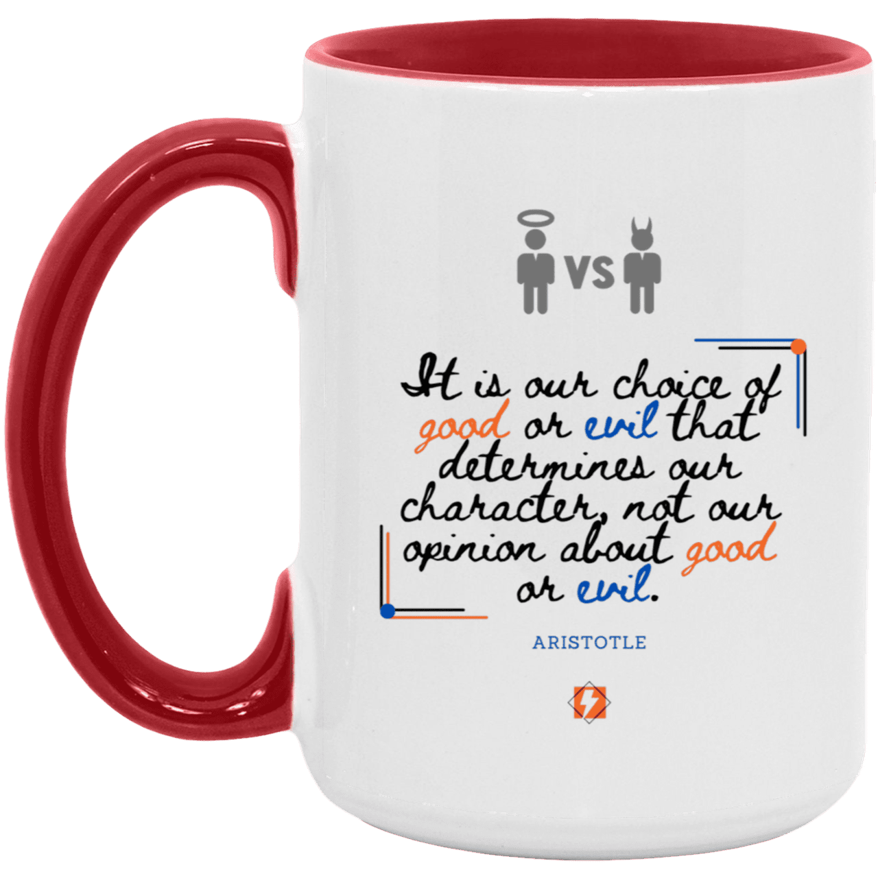 Ceramic Large Mug 15oz with inspiring Aristotle quote: A116 - Character is self-determined - Color: White/Red