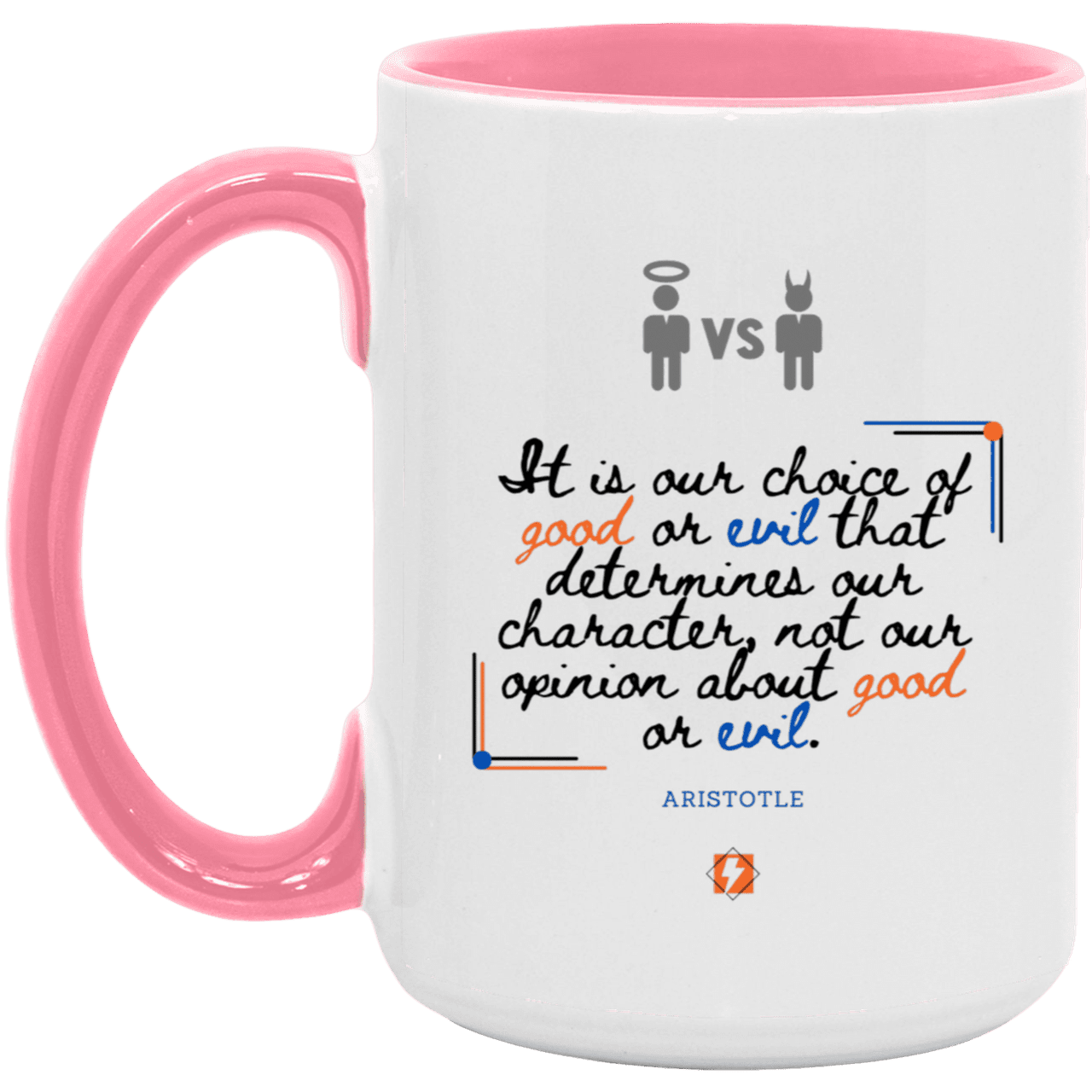 Ceramic Large Mug 15oz with inspiring Aristotle quote: A116 - Character is self-determined - Color: White/Pink