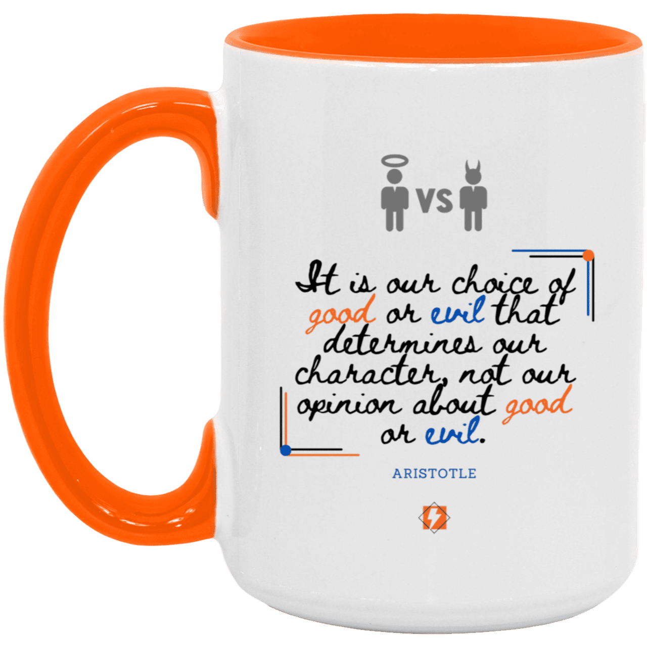 Ceramic Large Mug 15oz with inspiring Aristotle quote: A116 - Character is self-determined - Color: White/Orange