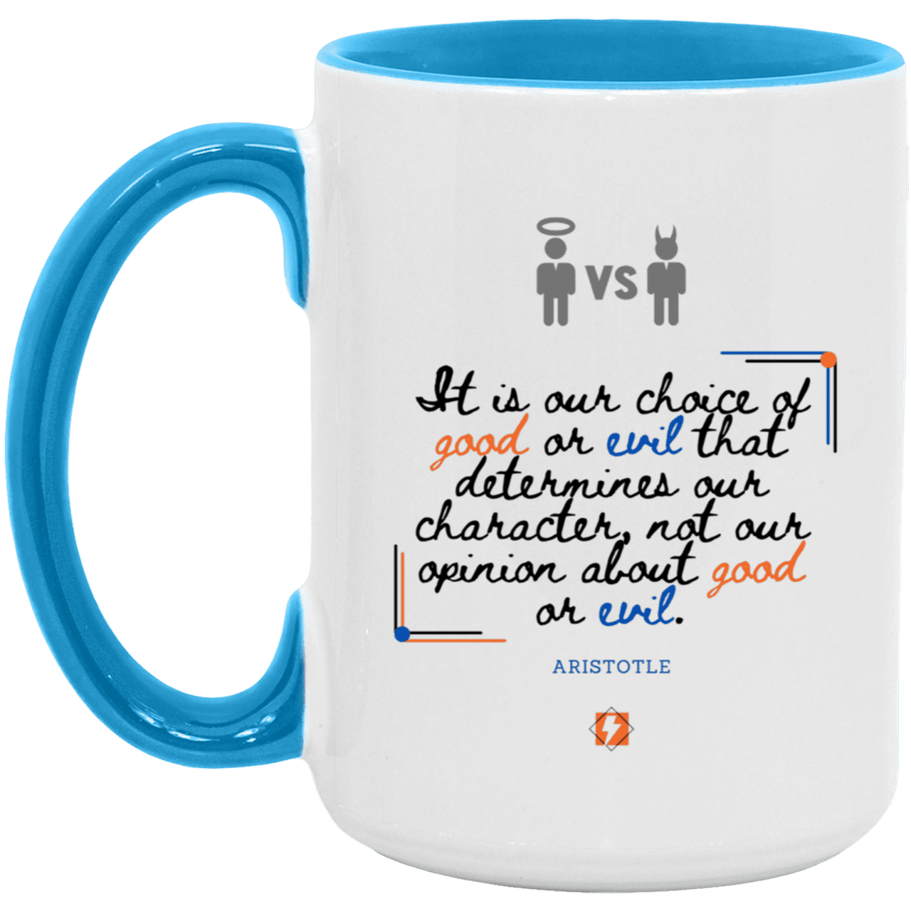 Ceramic Large Mug 15oz with inspiring Aristotle quote: A116 - Character is self-determined - Color: White/Light Blue