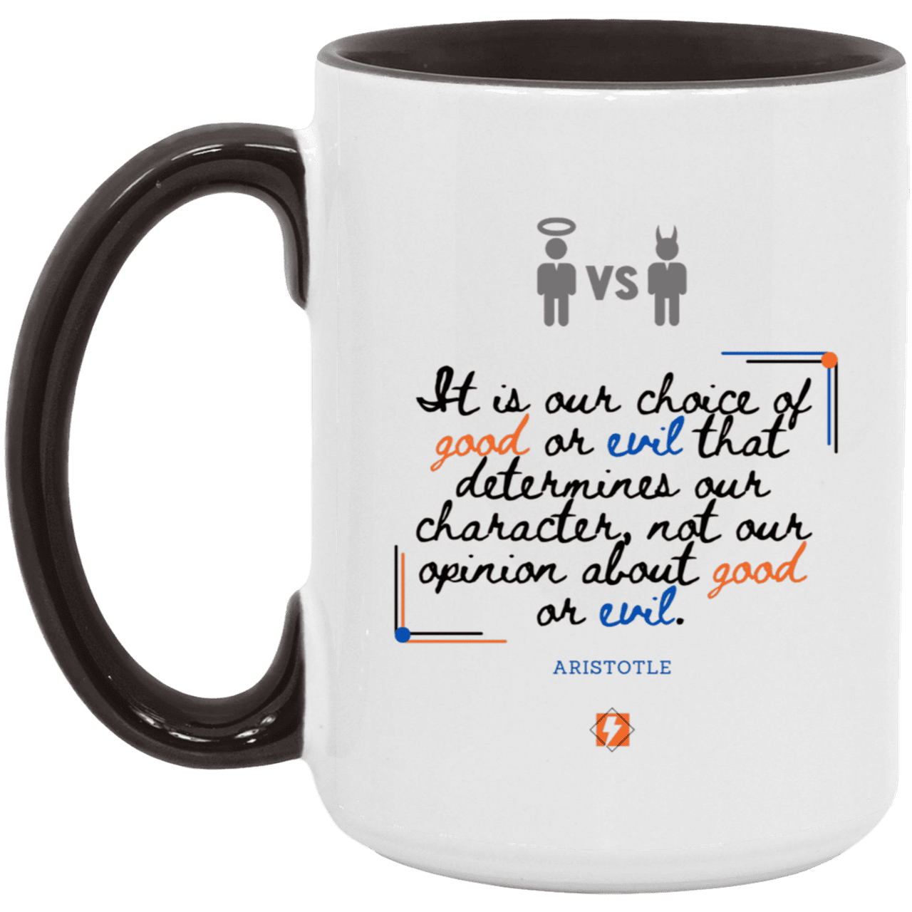 Ceramic Large Mug 15oz with inspiring Aristotle quote: A116 - Character is self-determined - Color: White/Black