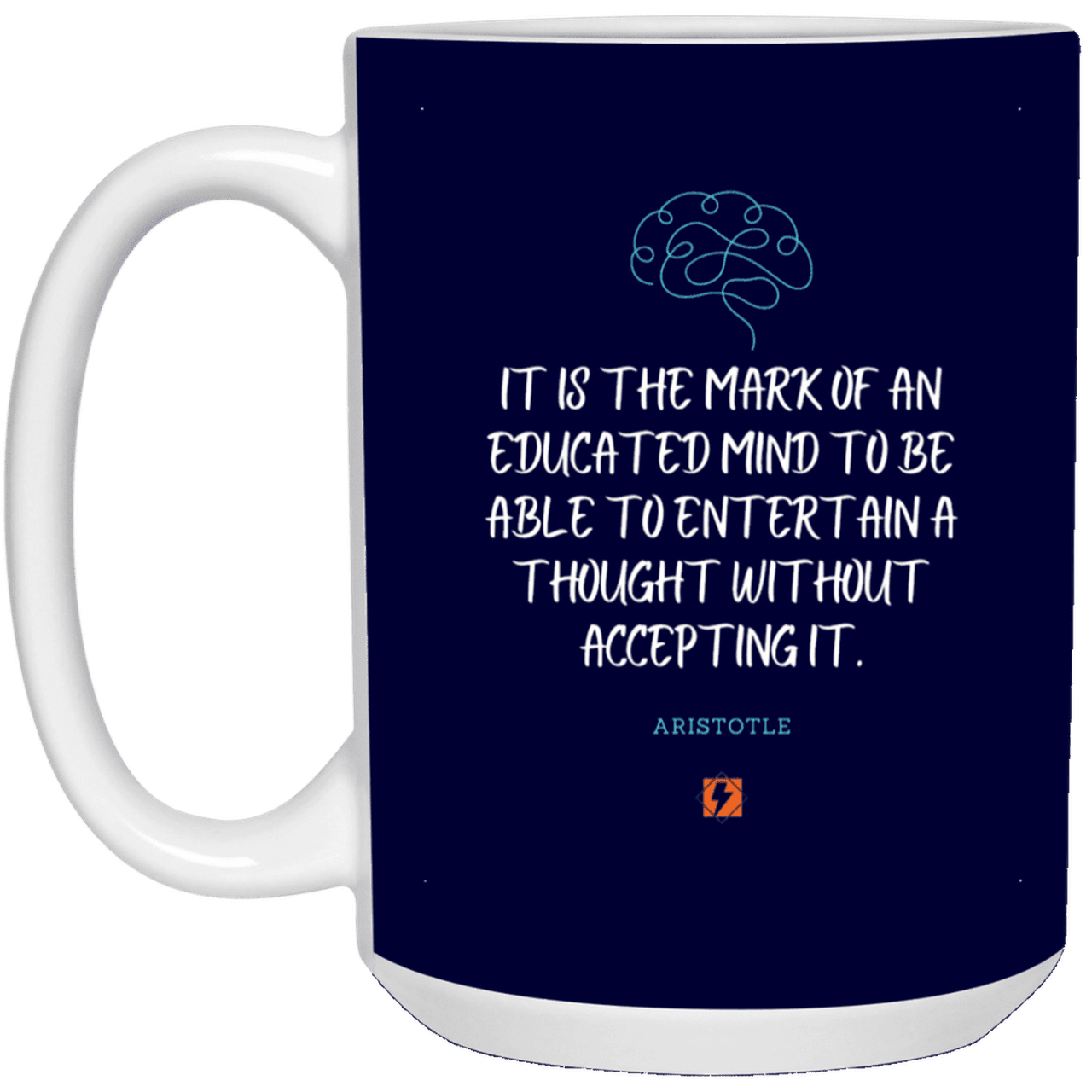 Ceramic Large Mug 15oz with inspiring Aristotle quote: A117 - Educated minds evaluate everything - Color: Navy