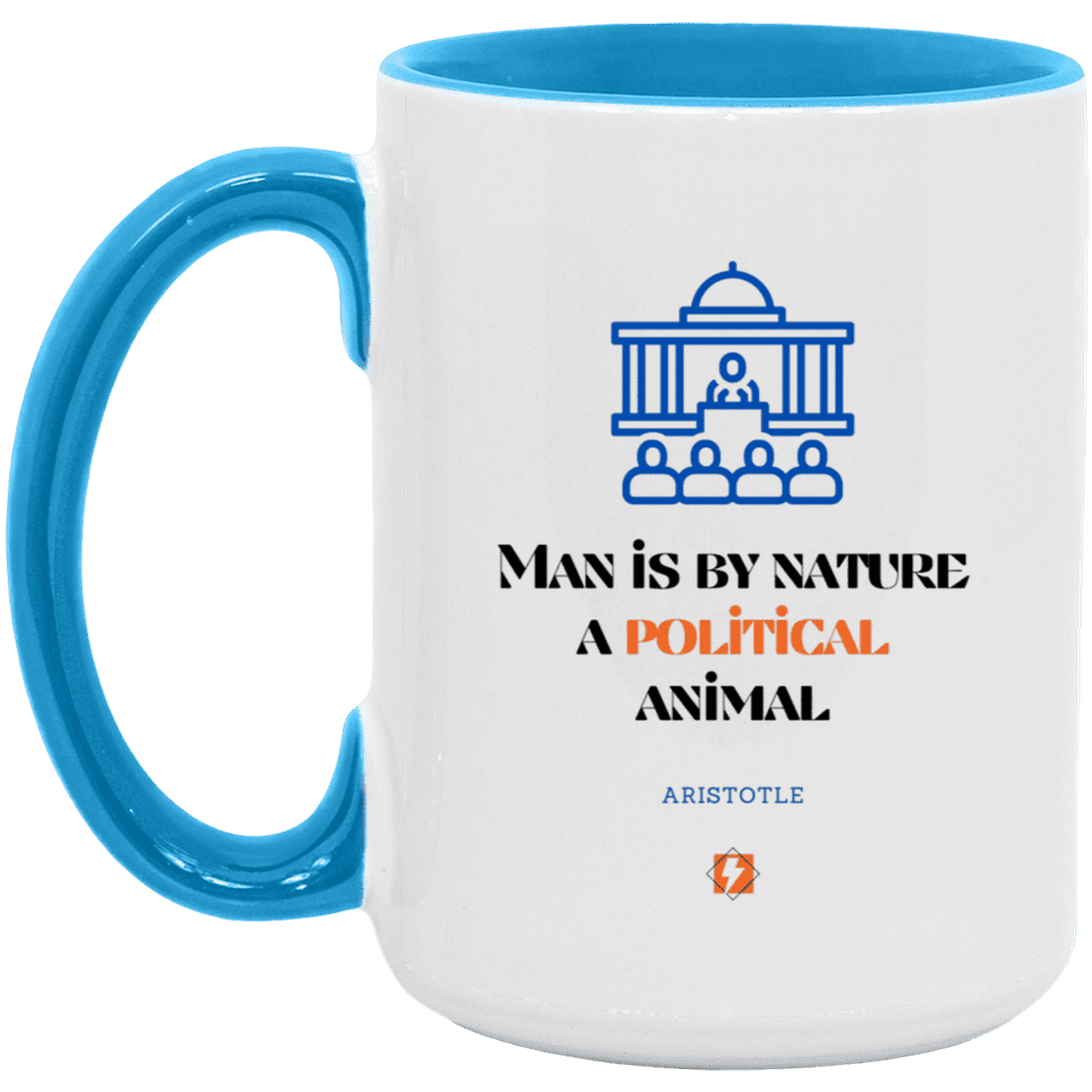 Ceramic Large Mug 15oz with inspiring Aristotle quote: A120 - Man is political by nature - Color: White/Light Blue