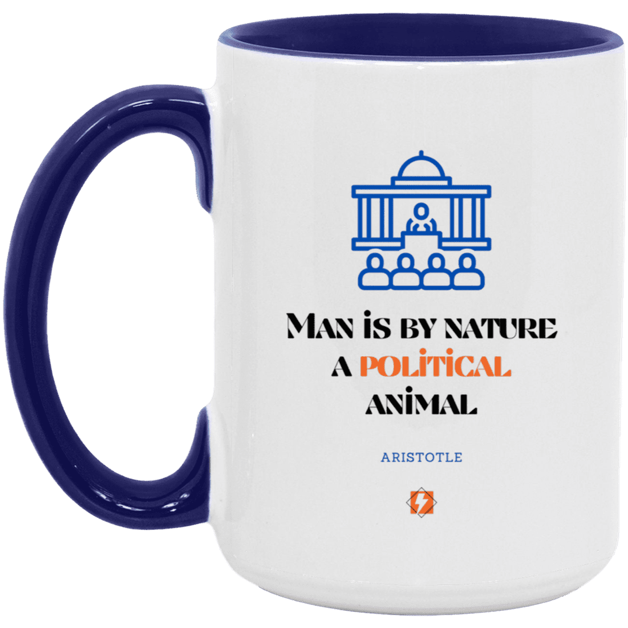 Ceramic Large Mug 15oz with inspiring Aristotle quote: A120 - Man is political by nature - Color: White/Midnight Blue