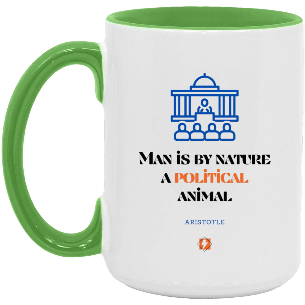 Ceramic Large Mug 15oz with inspiring Aristotle quote: A120 - Man is political by nature - Color: White/Light Green