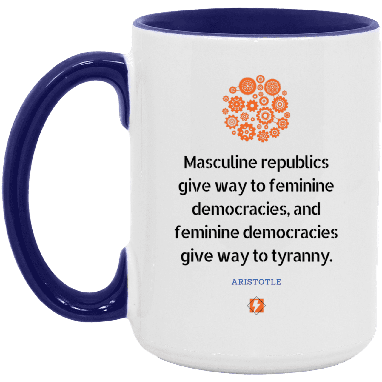 Ceramic Large Mug 15oz with inspiring Aristotle quote: A121 - Republic to Democracy to Tyranny - Color: White/Midnight Blue