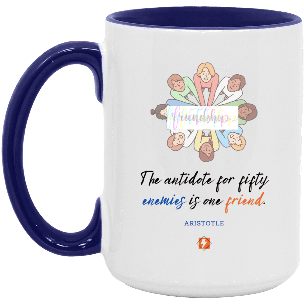 Ceramic Large Mug 15oz with inspiring Aristotle quote: A124 - Friendship is the antidote - Color: White/Midnight Blue