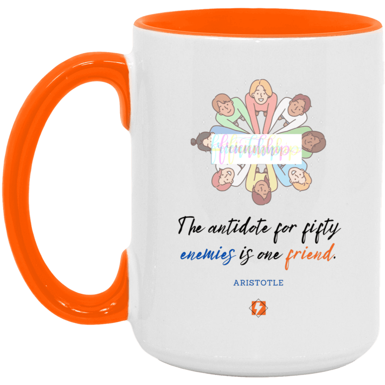 Ceramic Large Mug 15oz with inspiring Aristotle quote: A124 - Friendship is the antidote - Color: White/Orange