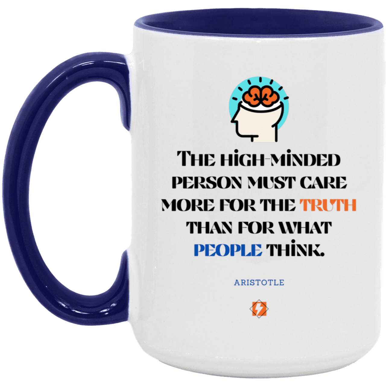 Ceramic Large Mug 15oz with inspiring Aristotle quote: A126 - Truth cares not for opinions - Color: White/Midnight Blue