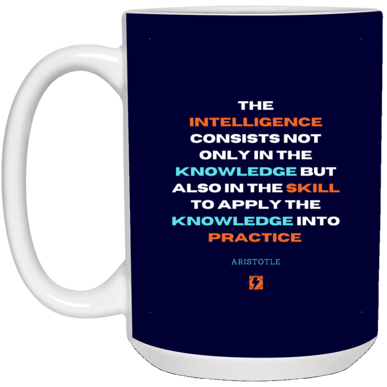 Ceramic Large Mug 15oz with inspiring Aristotle quote: A127 - Intelligence vs Knowledge - Color: Navy