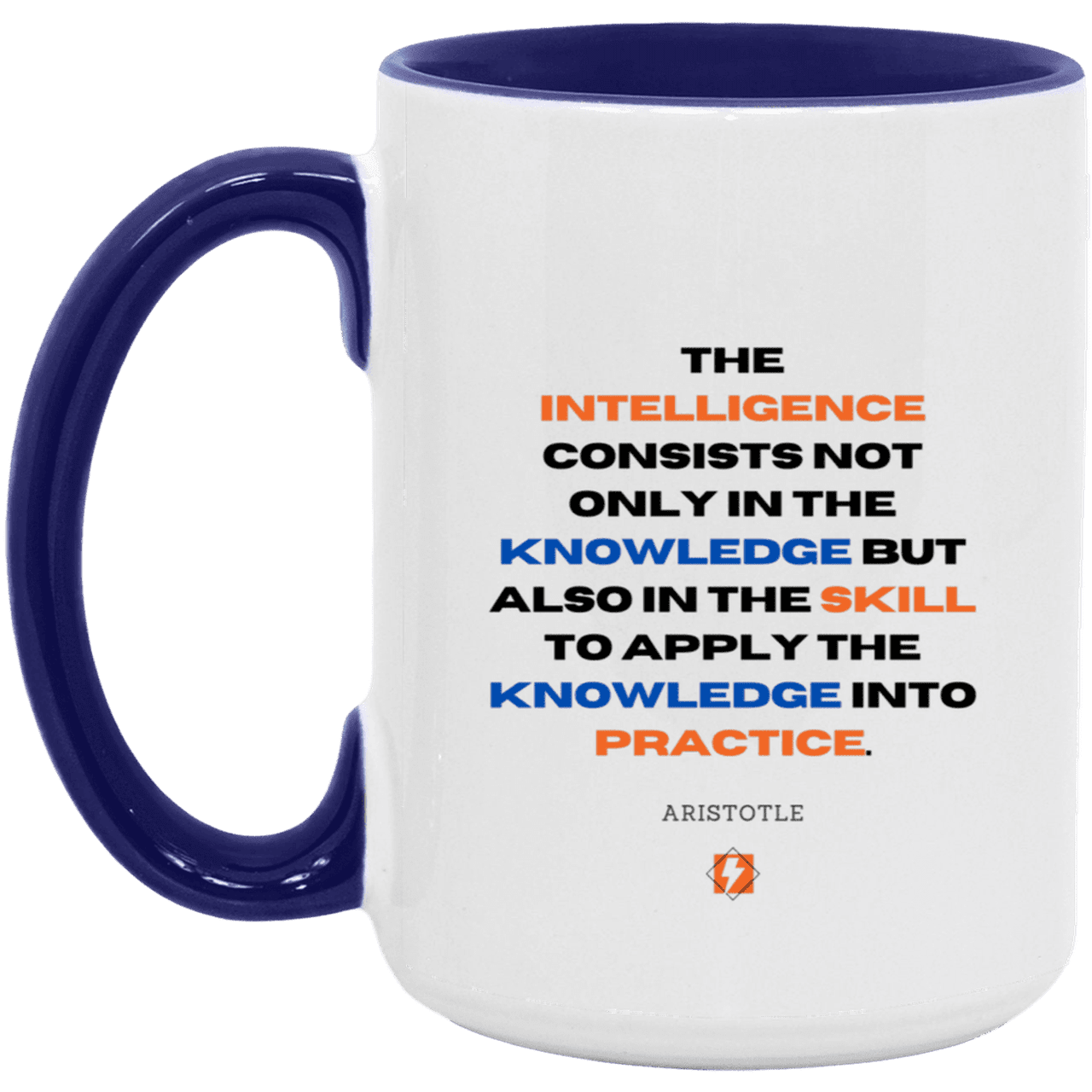 Ceramic Large Mug 15oz with inspiring Aristotle quote: A127 - Intelligence vs Knowledge - Color: White/Midnight Blue