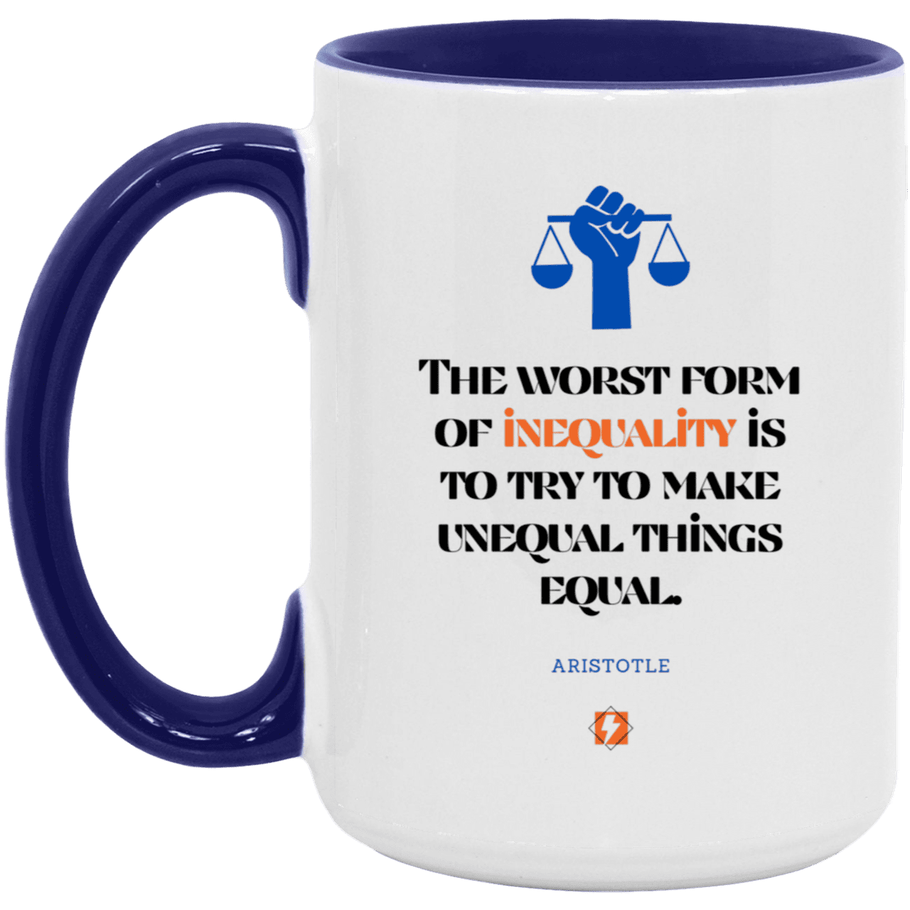 Ceramic Large Mug 15oz with inspiring Aristotle quote: A128 - Communism is worse than inequality - Color: White/Midnight Blue