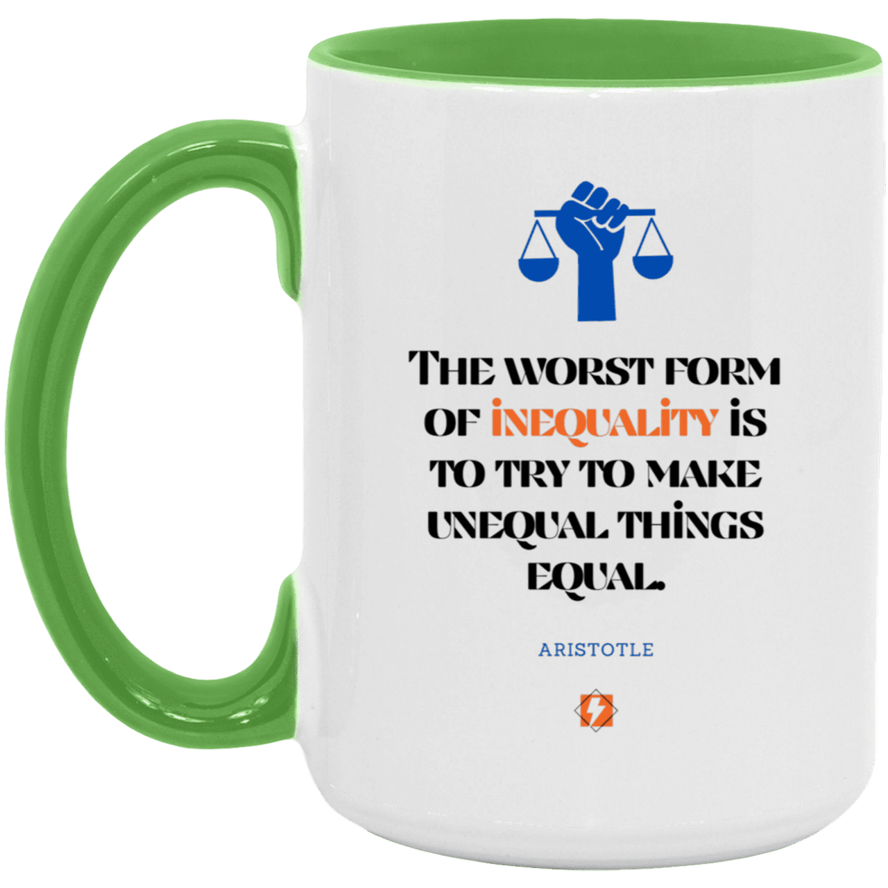 Ceramic Large Mug 15oz with inspiring Aristotle quote: A128 - Communism is worse than inequality - Color: White/Light Green