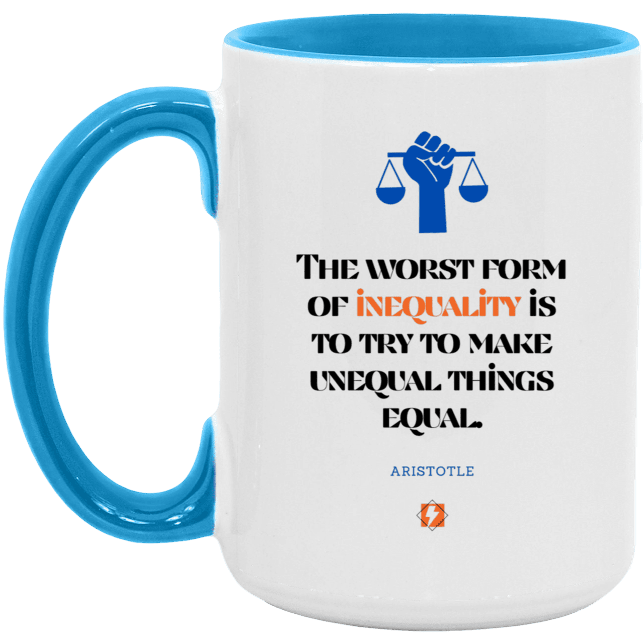 Ceramic Large Mug 15oz with inspiring Aristotle quote: A128 - Communism is worse than inequality - Color: White/Light Blue