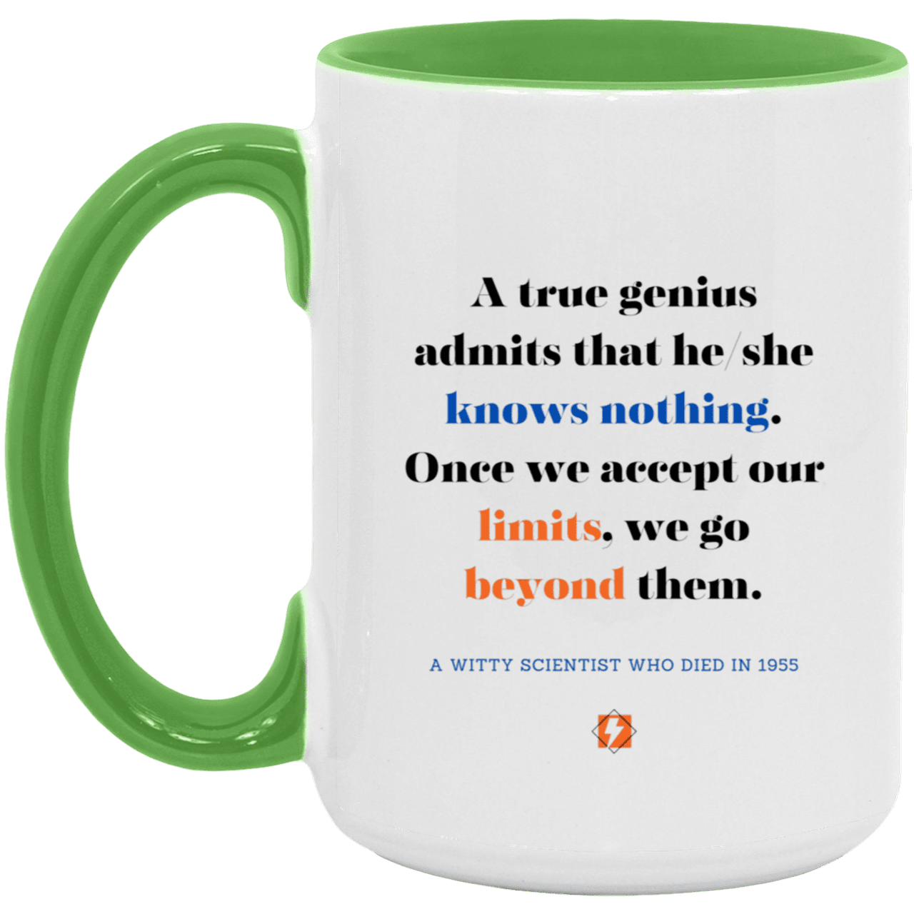 Ceramic Large Mug 15oz with inspiring Einstein quote: E119 - Genius unlimited - Color: White/Light Green