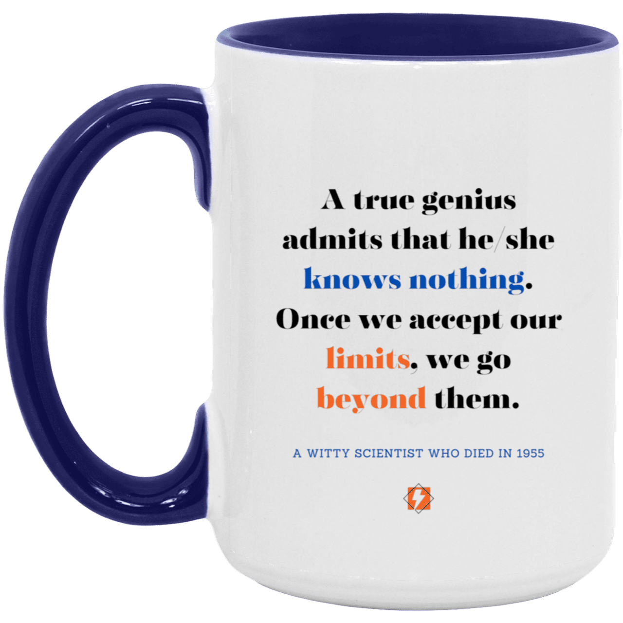 Ceramic Large Mug 15oz with inspiring Einstein quote: E119 - Genius unlimited - Color: White/Midnight Blue