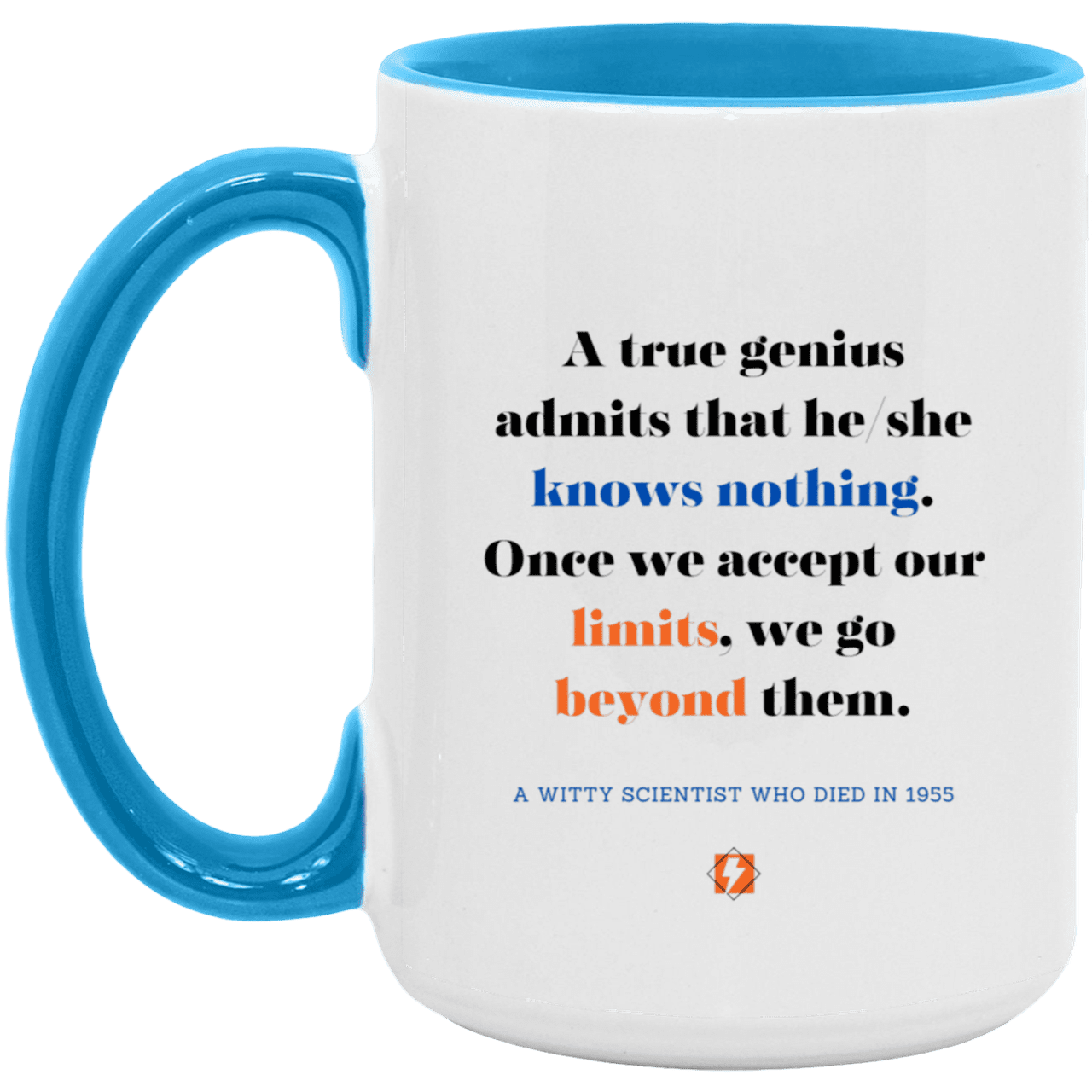 Ceramic Large Mug 15oz with inspiring Einstein quote: E119 - Genius unlimited - Color: White/Light Blue