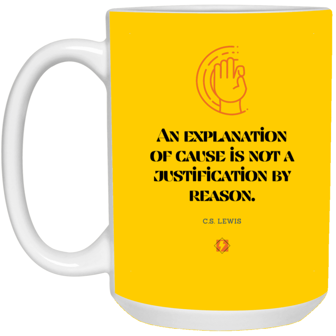 Ceramic Large Mug 15oz with inspiring Lewis quote: CS102 - Explanations Vs Justifications - Color: Athletic Gold