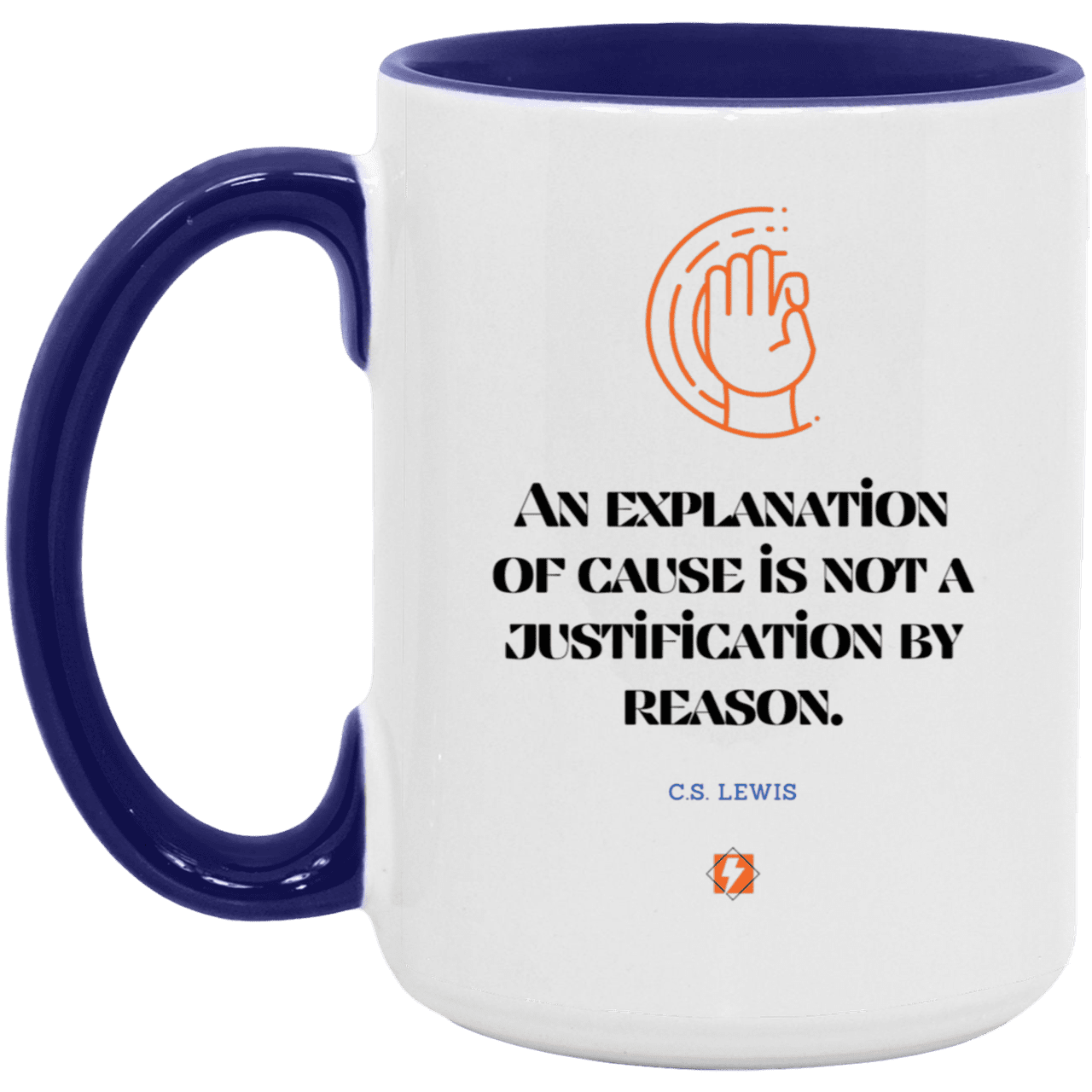 Ceramic Large Mug 15oz with inspiring Lewis quote: CS102 - Explanations Vs Justifications - Color: White/Midnight Blue