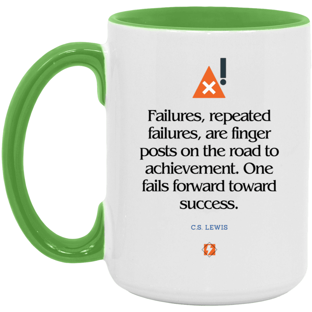 Ceramic Large Mug 15oz with inspiring Lewis quote: CS104 - Failures to Success - Color: White/Light Green