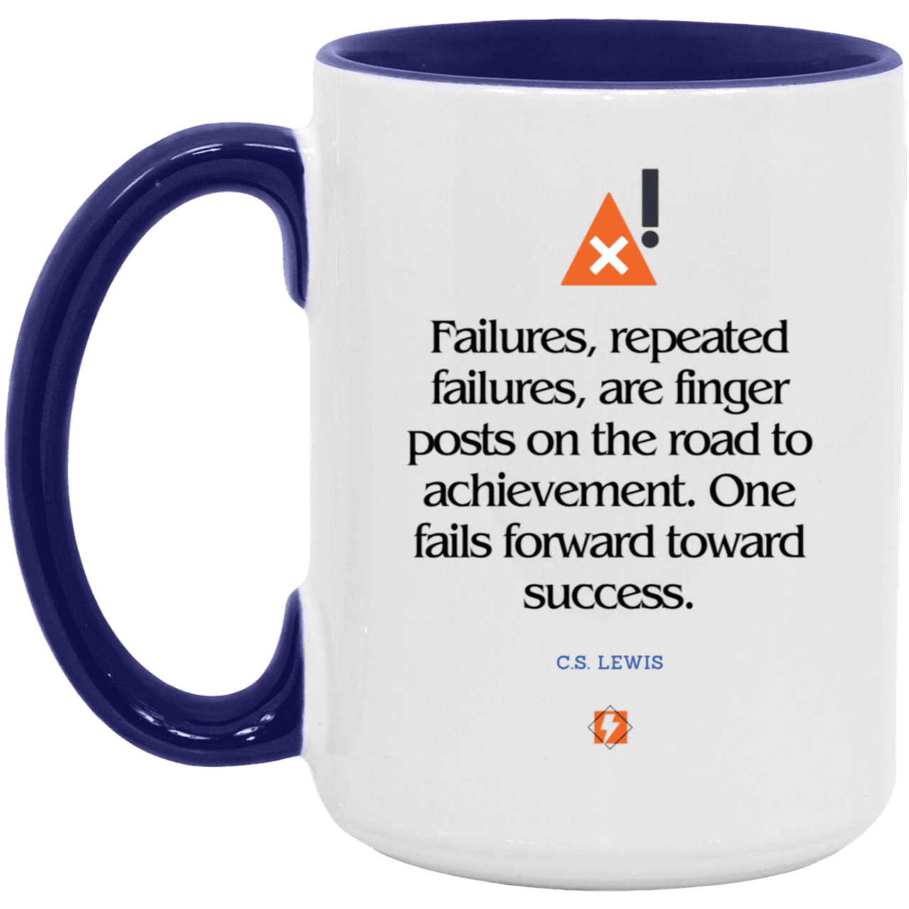 Ceramic Large Mug 15oz with inspiring Lewis quote: CS104 - Failures to Success - Color: White/Midnight Blue