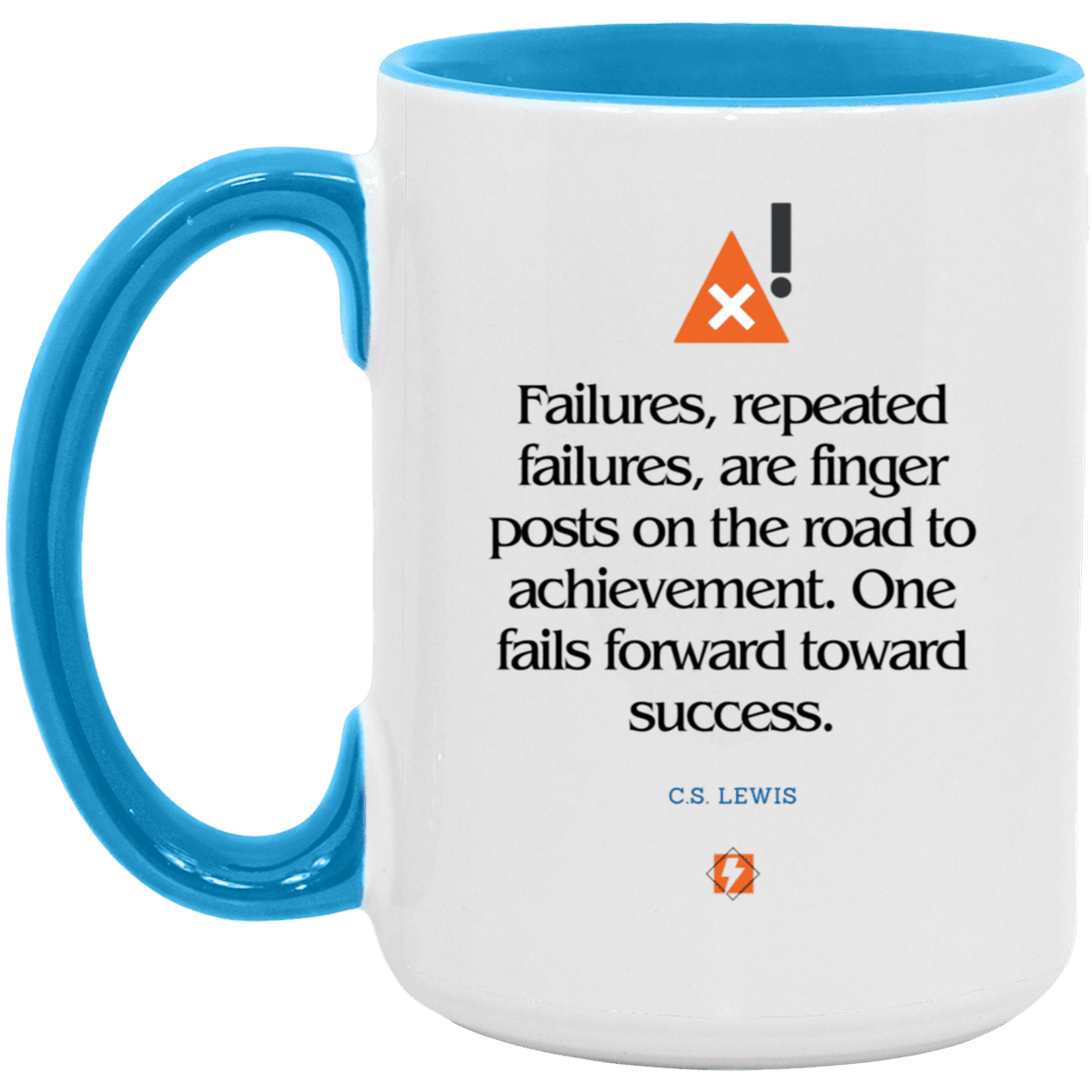 Ceramic Large Mug 15oz with inspiring Lewis quote: CS104 - Failures to Success - Color: White/Light Blue