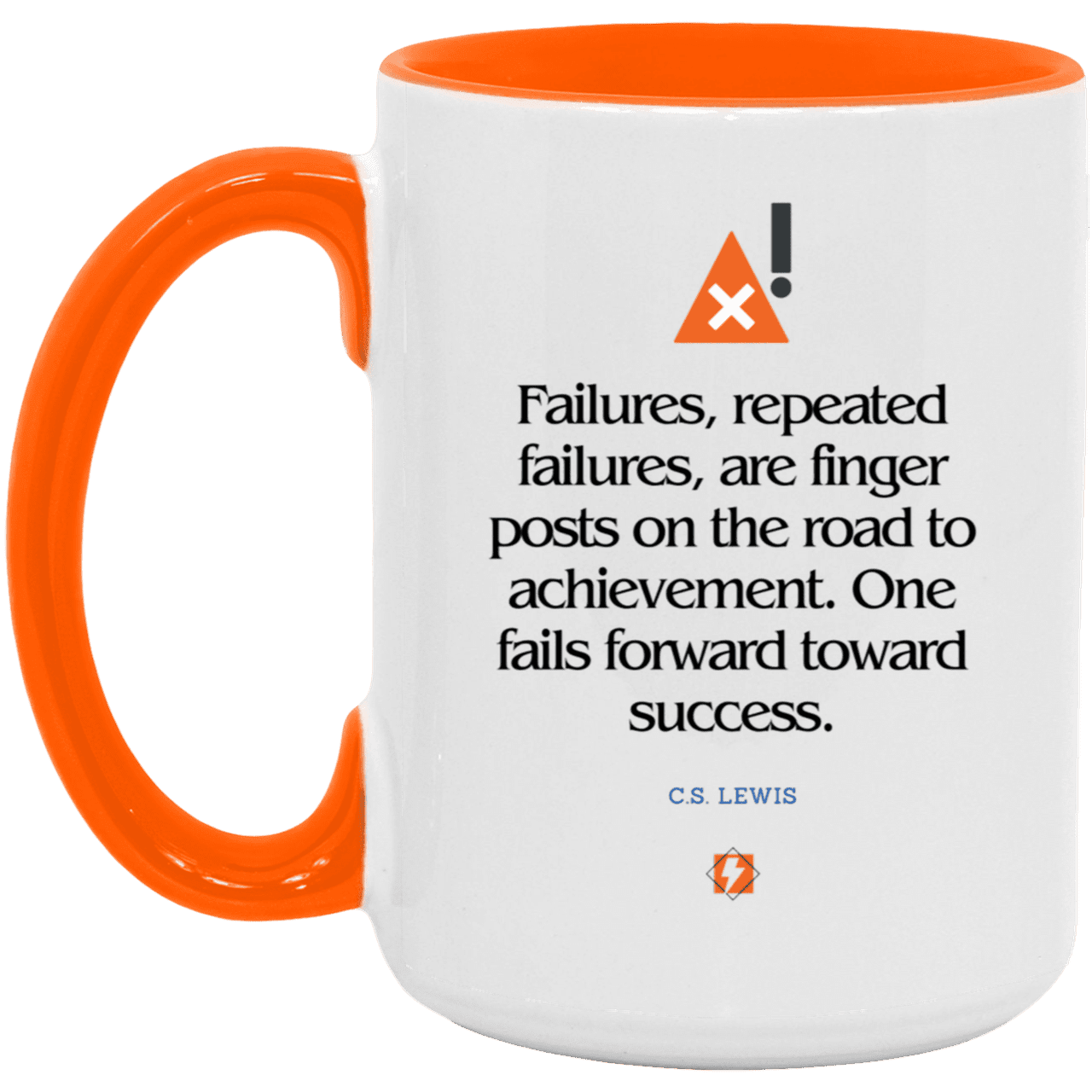 Ceramic Large Mug 15oz with inspiring Lewis quote: CS104 - Failures to Success - Color: White/Orange