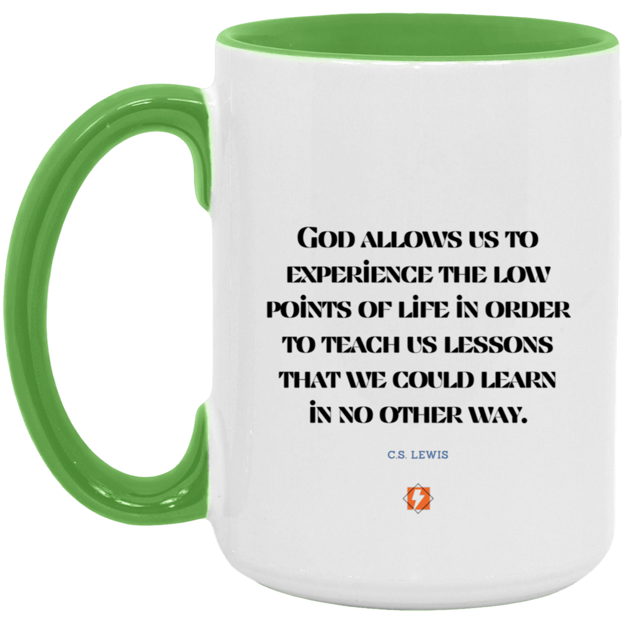 Ceramic Large Mug 15oz with inspiring Lewis quote: CS105 - Lowpoints are lessons - Color: White/Light Green