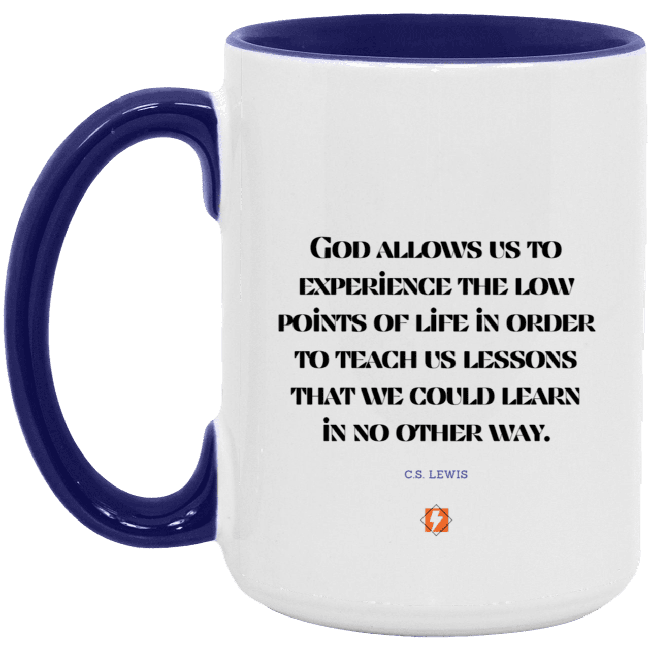 Ceramic Large Mug 15oz with inspiring Lewis quote: CS105 - Lowpoints are lessons - Color: White/Midnight Blue