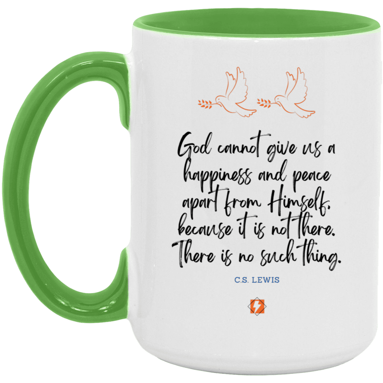 Ceramic Large Mug 15oz with inspiring Lewis quote: CS106 - No peace apart from God - Color: White/Light Green