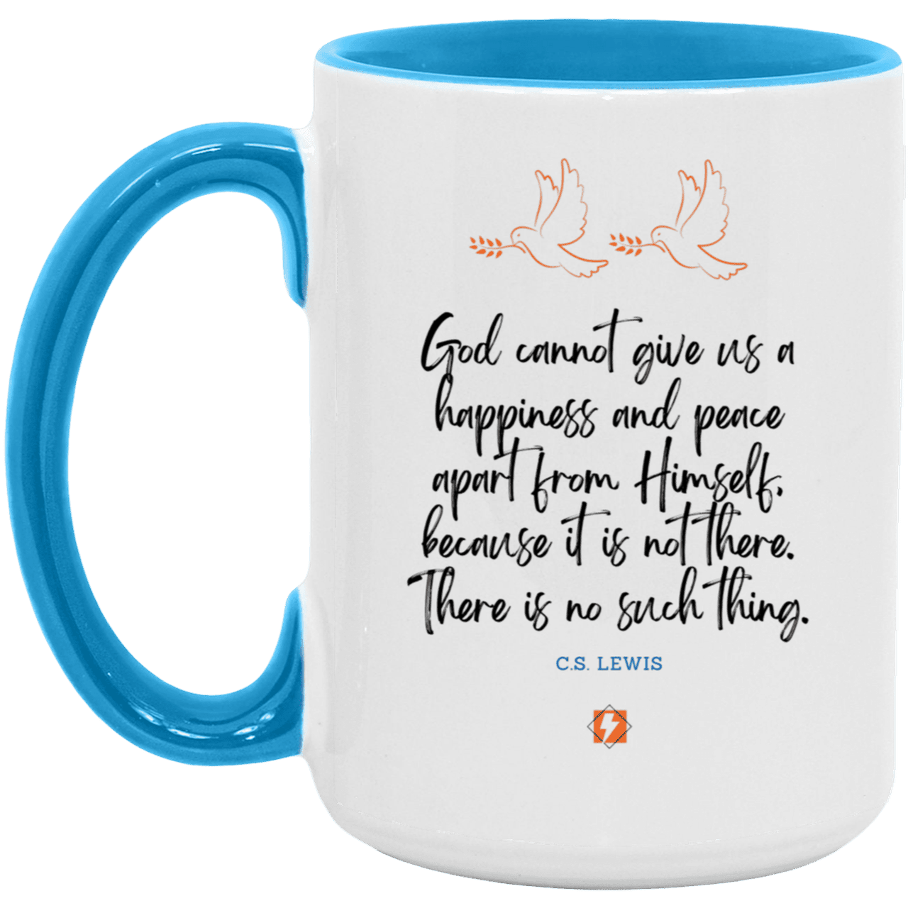 Ceramic Large Mug 15oz with inspiring Lewis quote: CS106 - No peace apart from God - Color: White/Light Blue