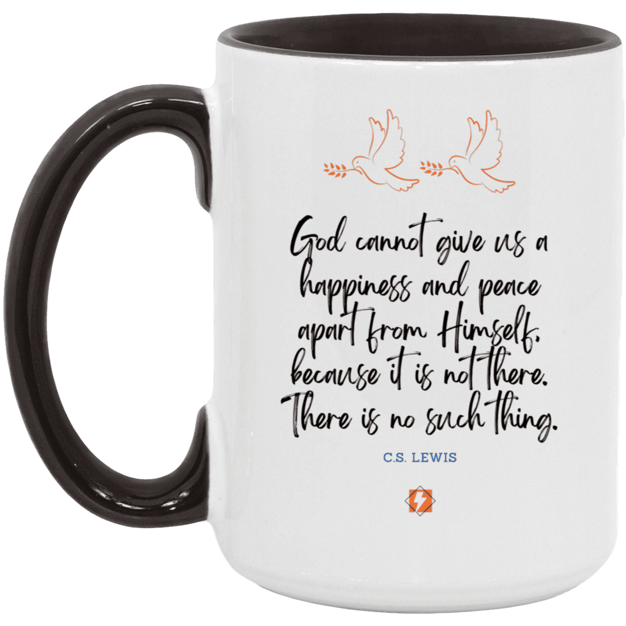 Ceramic Large Mug 15oz with inspiring Lewis quote: CS106 - No peace apart from God - Color: White/Black