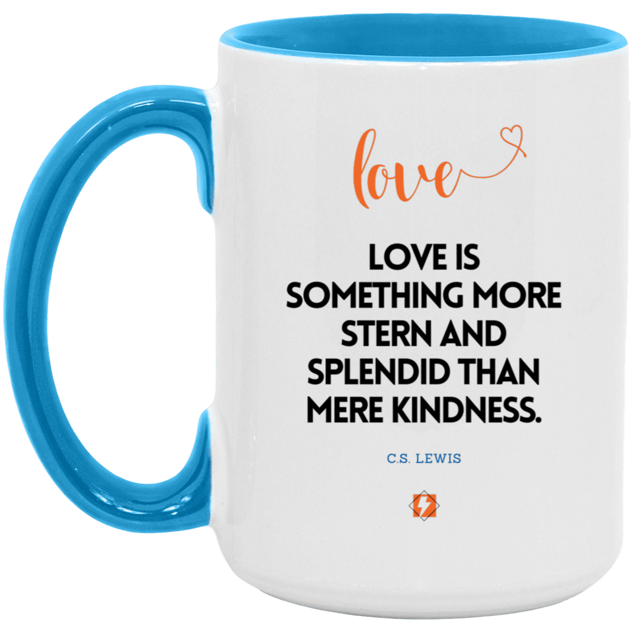 Ceramic Large Mug 15oz with inspiring Lewis quote: CS109 - Love is more than kindness - Color: White/Light Blue