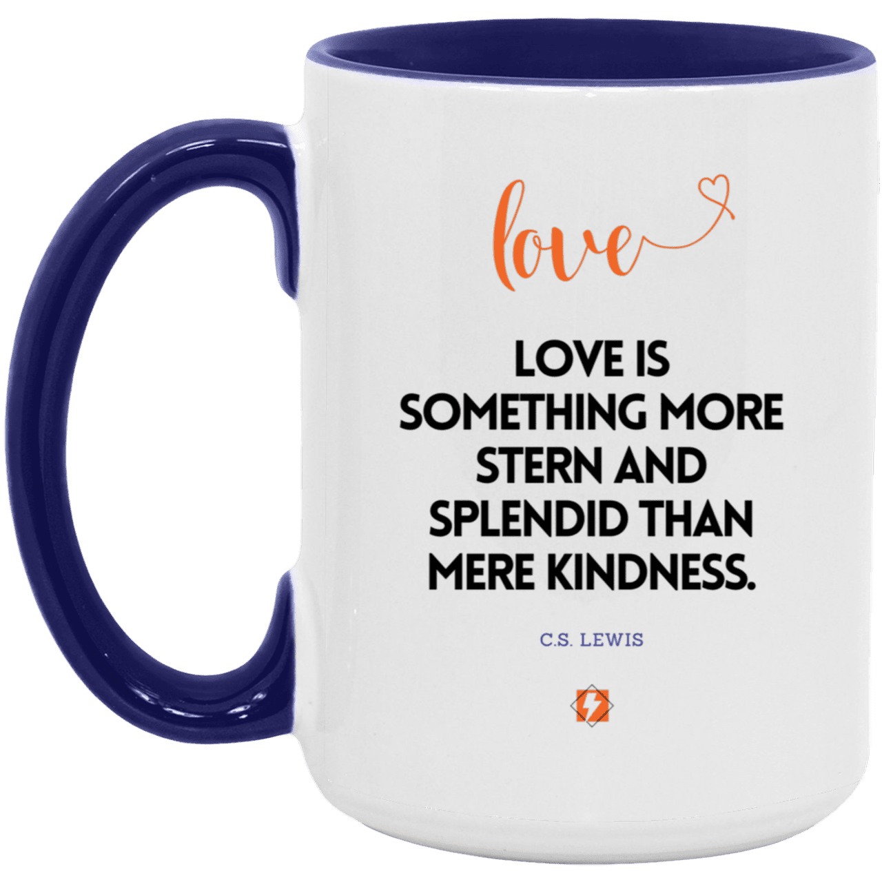 Ceramic Large Mug 15oz with inspiring Lewis quote: CS109 - Love is more than kindness - Color: White/Midnight Blue