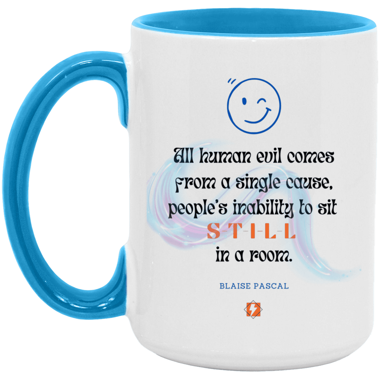 Ceramic Large Mug 15oz with inspiring Pascal quote: BP101 - Importance of keeping still - Color: White/Light Blue