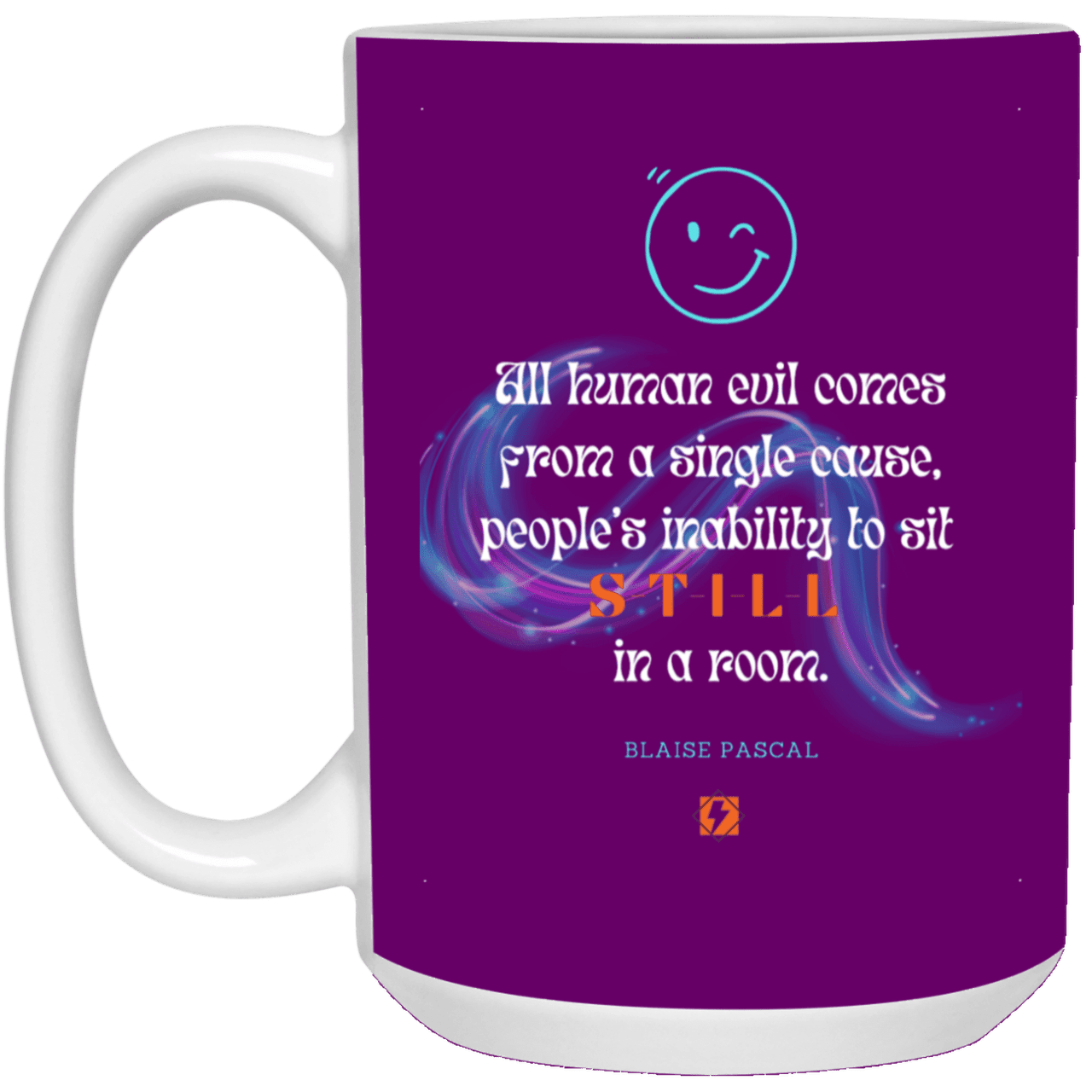 Ceramic Large Mug 15oz with inspiring Pascal quote: BP101 - Importance of keeping still - Color: Purple