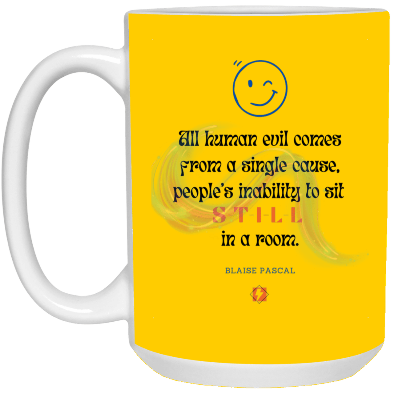 Ceramic Large Mug 15oz with inspiring Pascal quote: BP101 - Importance of keeping still - Color: Athletic Gold