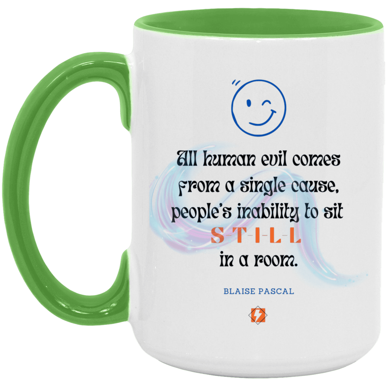 Ceramic Large Mug 15oz with inspiring Pascal quote: BP101 - Importance of keeping still - Color: White/Light Green