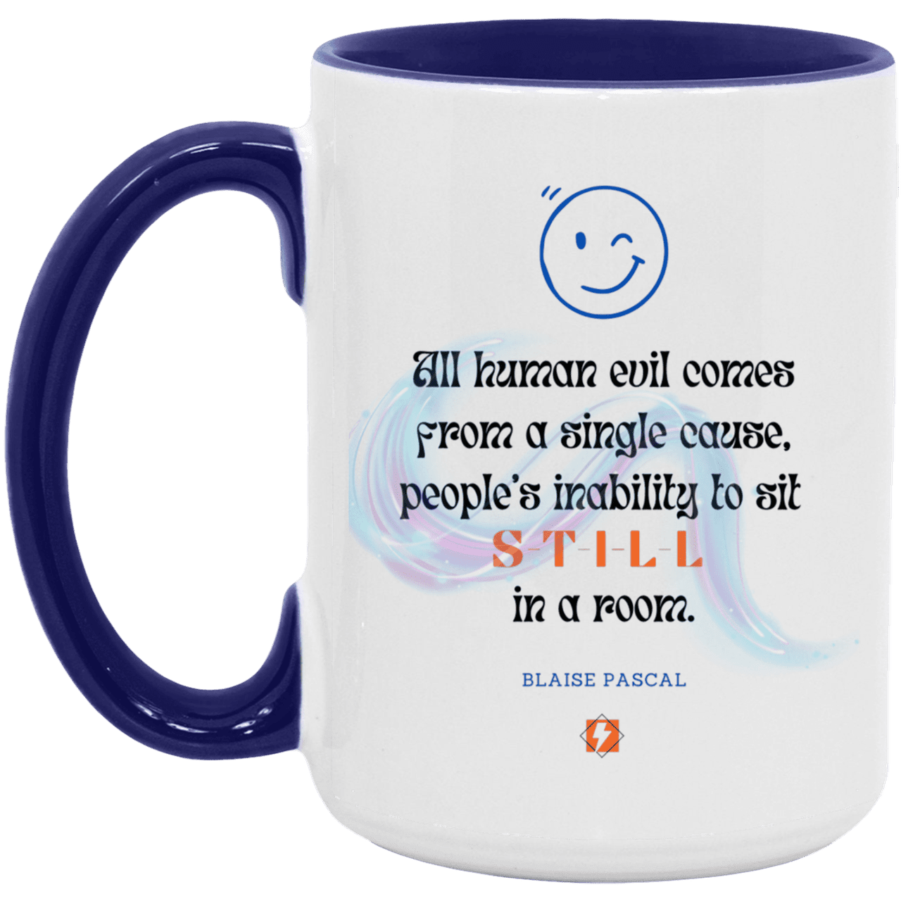 Ceramic Large Mug 15oz with inspiring Pascal quote: BP101 - Importance of keeping still - Color: White/Midnight Blue