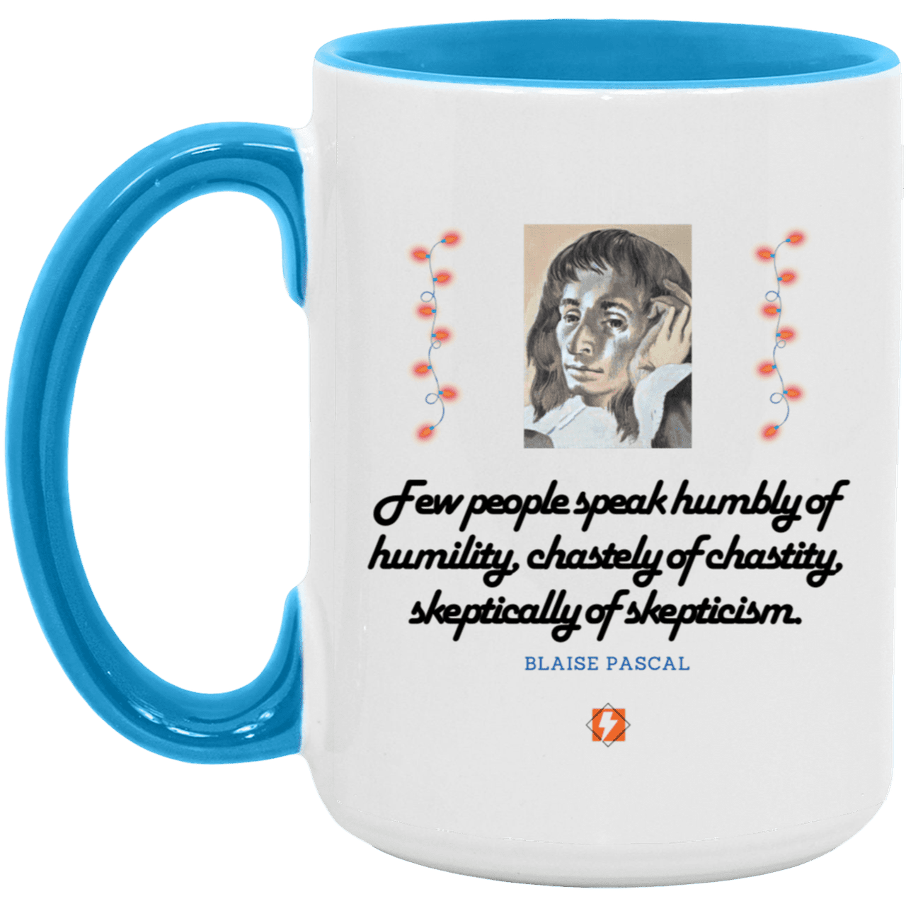 Ceramic Large Mug 15oz with inspiring Pascal quote: BP102 - Self-awareness is a societal lack - Color: White/Light Blue