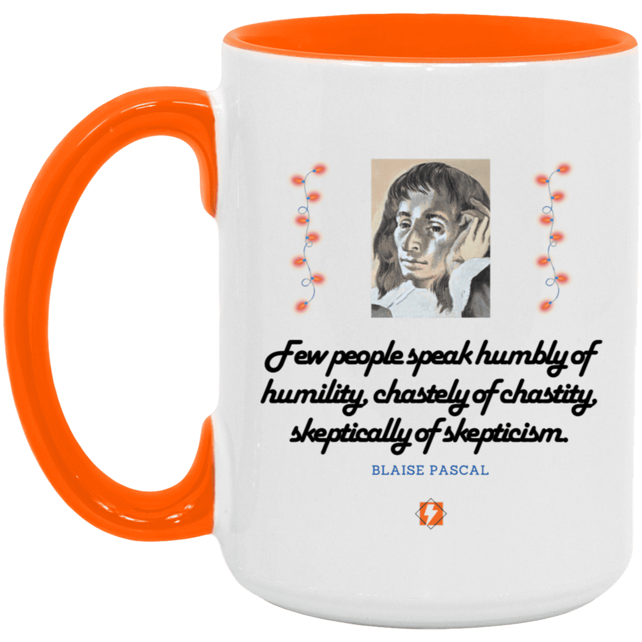 Ceramic Large Mug 15oz with inspiring Pascal quote: BP102 - Self-awareness is a societal lack - Color: White/Orange