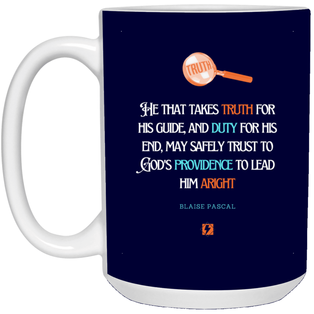 Ceramic Large Mug 15oz with inspiring Pascal quote: BP103 - Truth and Duty attains Providence - Color: Navy