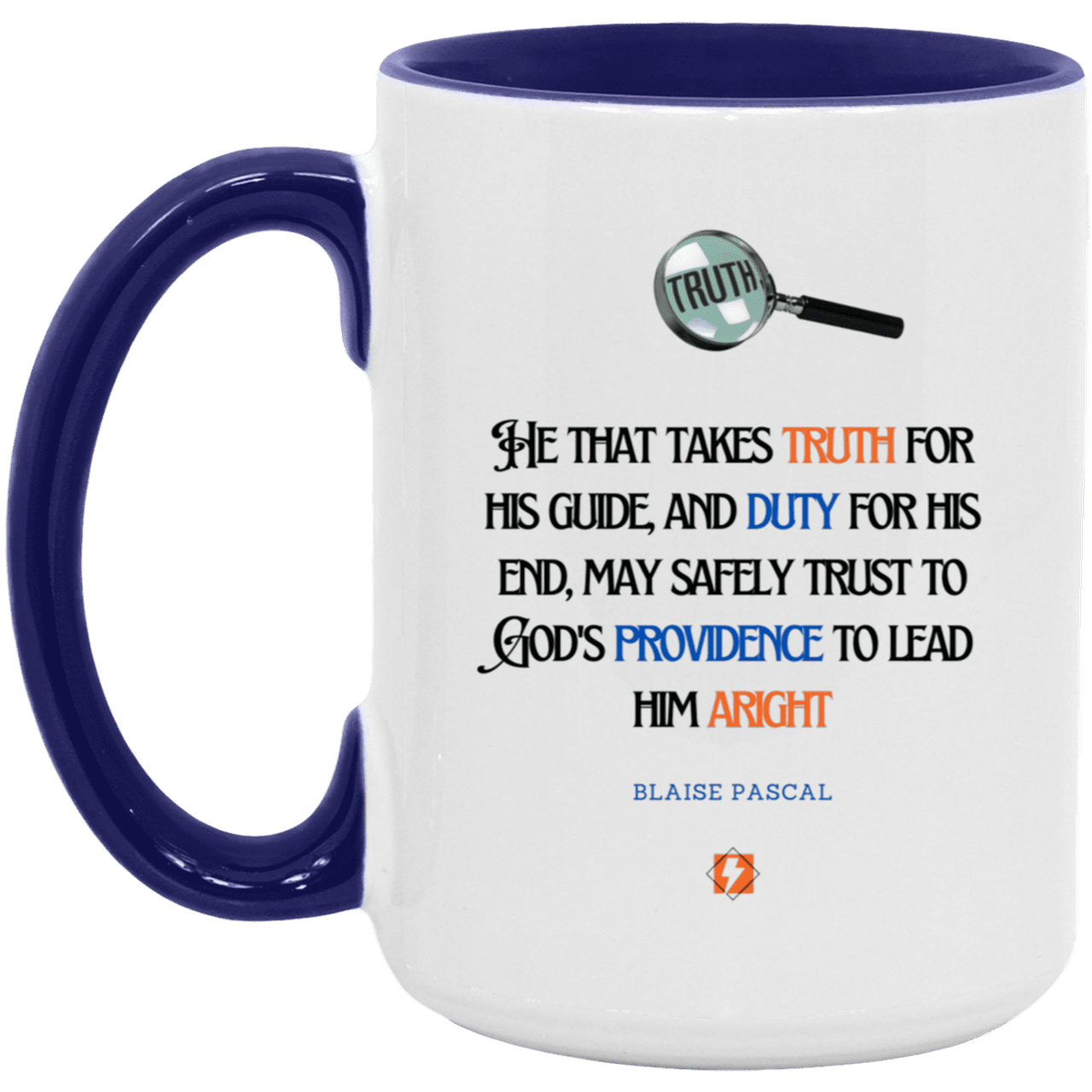 Ceramic Large Mug 15oz with inspiring Pascal quote: BP103 - Truth and Duty attains Providence - Color: White/Midnight Blue