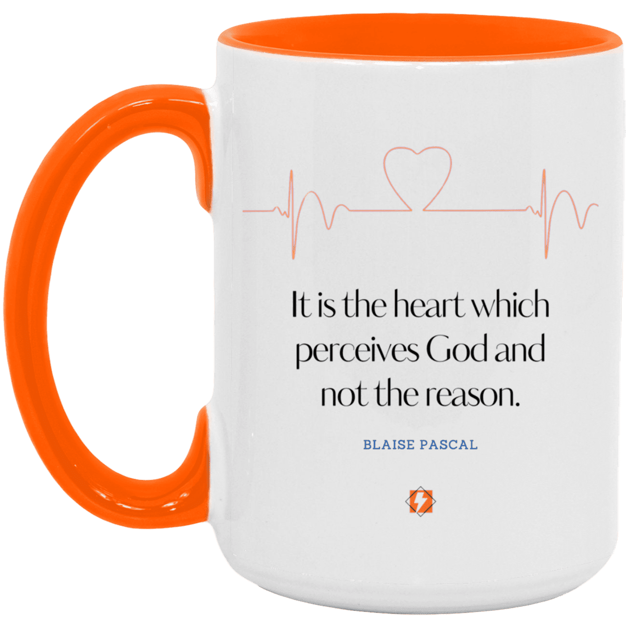 Ceramic Large Mug 15oz with inspiring Pascal quote: BP105 - God is perceived in the heart - Color: White/Orange