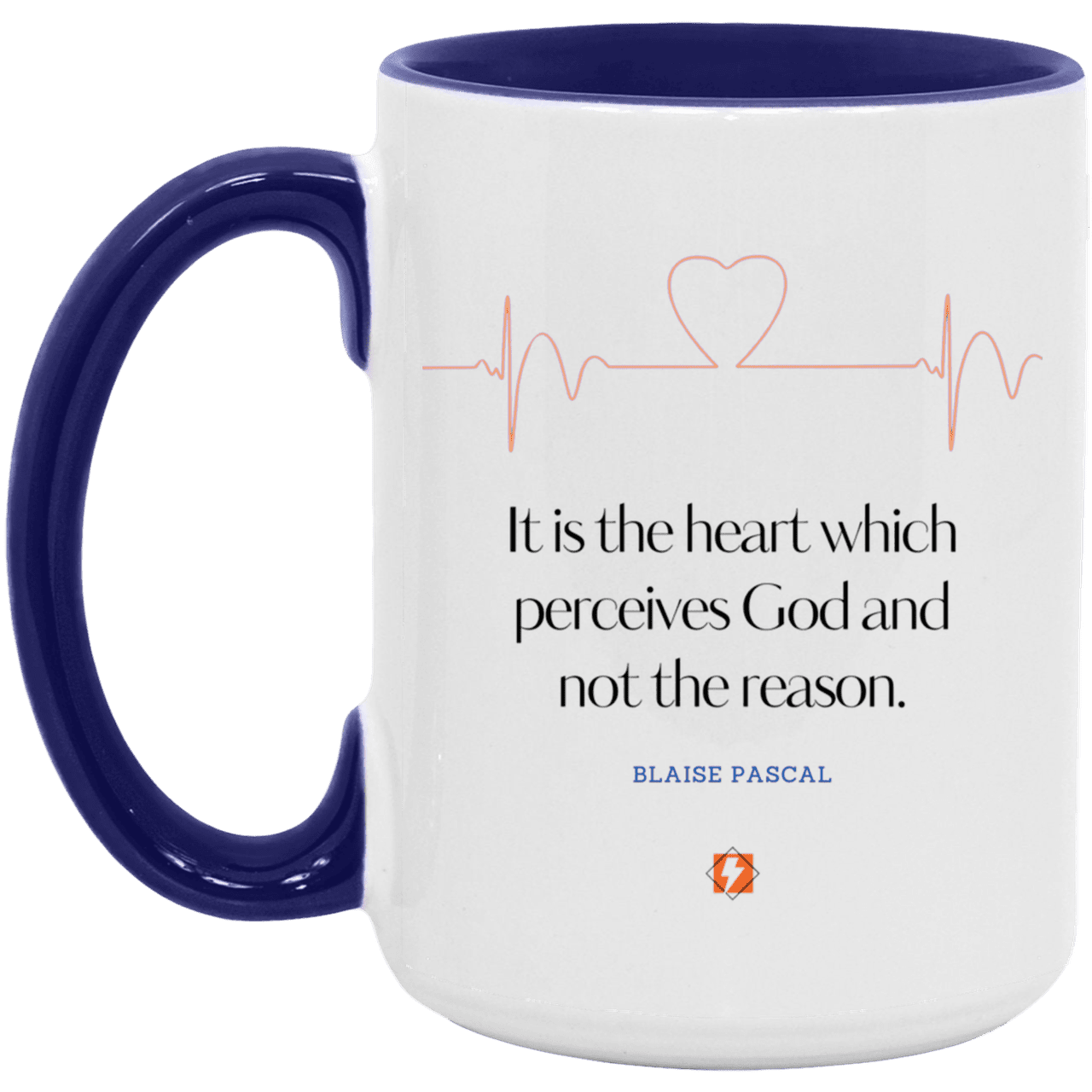 Ceramic Large Mug 15oz with inspiring Pascal quote: BP105 - God is perceived in the heart - Color: White/Midnight Blue