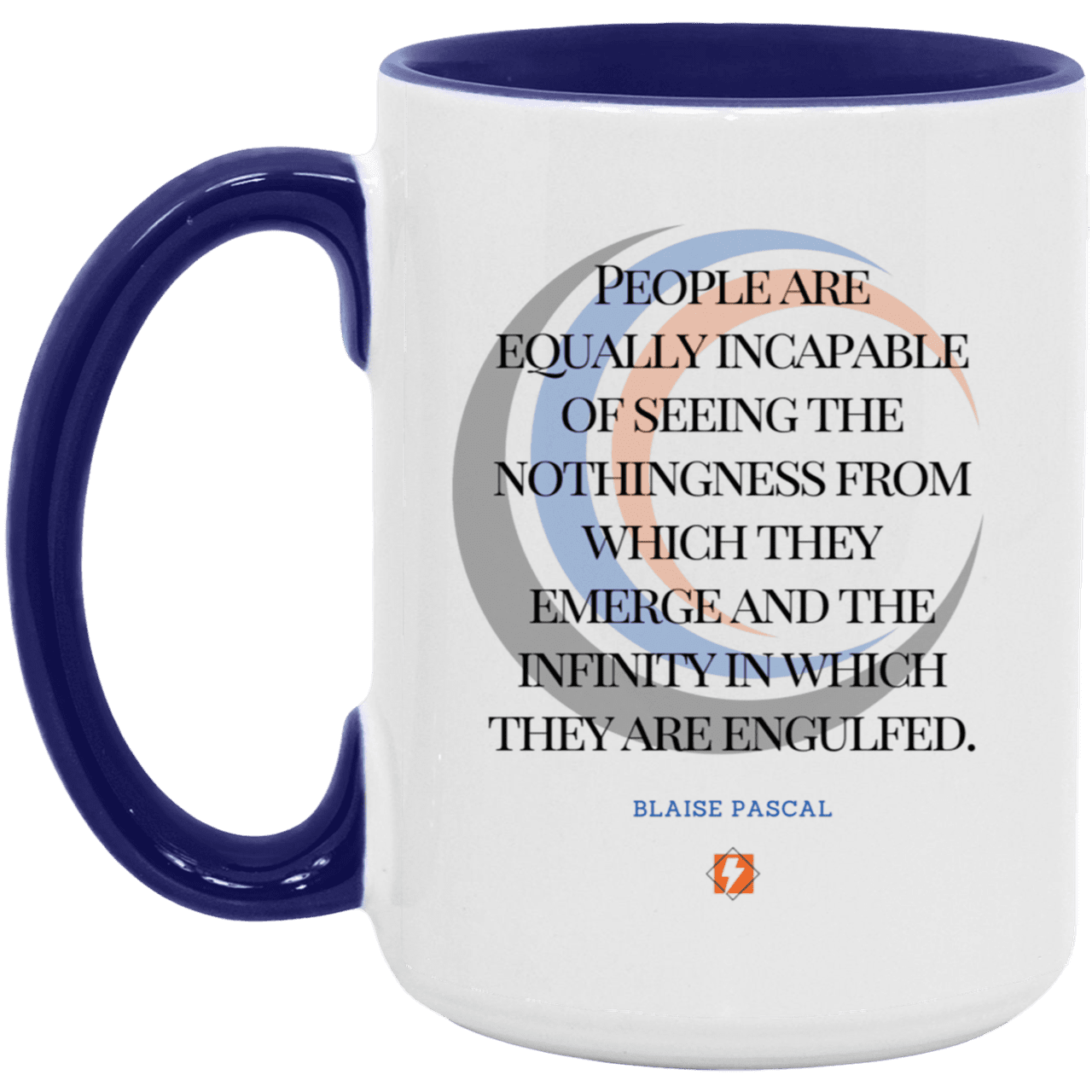 Ceramic Large Mug 15oz with inspiring Pascal quote: BP107 - One cannot square up nothingness and infinity - Color: White/Midnight Blue